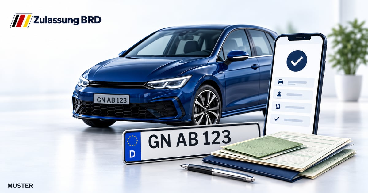 Online Fahrzeugzulassung in Neuberg: Musterkennzeichen GN AB 123, Auto und Fahrzeugpapiere und Smartphone. Illustration mit Logo von Zulassung BRD.